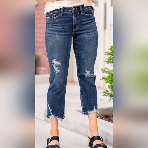 Judy Blue Midrise Distressed Cropped Straight Leg Jeans Size 5/27 - Picture 9 of 9